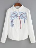 Romwe Lapel Buttons Tree Embroidered Blouse