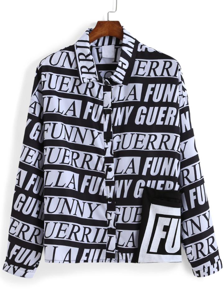 Romwe Lapel Letter Print With Buttons Blouse