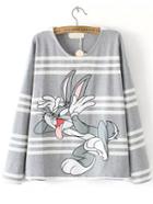 Romwe Rabbit Print Striped Grey T-shirt