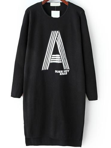 Romwe Letter Print Dip Hem Black Sweater Dress