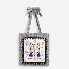 Romwe Cartoon Embroidery Gingham Tote Bag