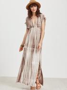 Romwe Coffee Tie Dye Print Double V Neck High Waist Dress