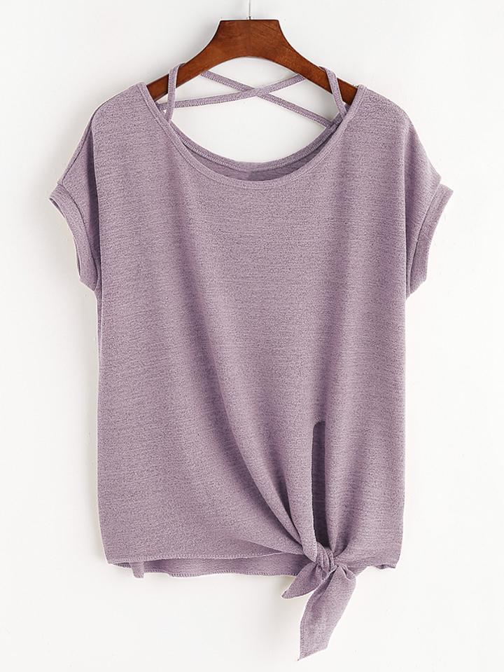 Romwe Pink Criss Cross Knot Side T-shirt