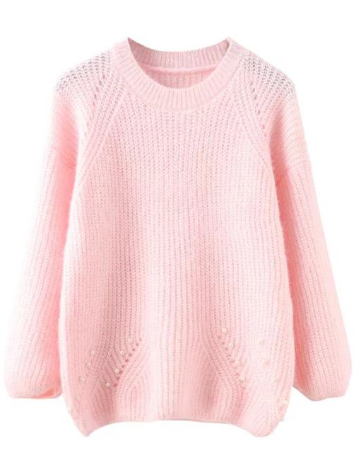 Romwe Round Neck Bead Pink Sweater