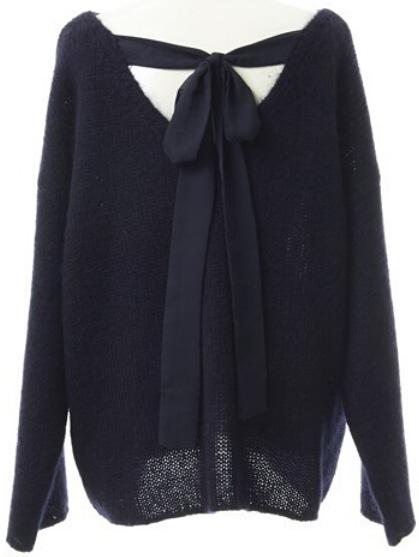 Romwe Round Neck Bow Loose Royal Blue Sweater