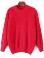 Romwe Crew Neck Fuzzy Red Sweater