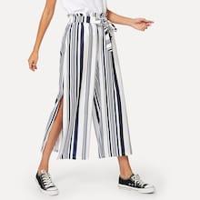 Romwe Frill Trim Striped Split Pants