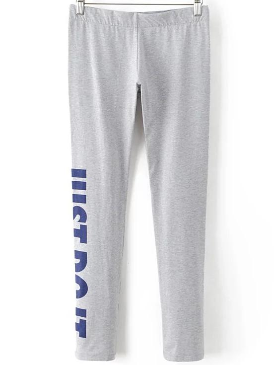 Romwe Grey Letter Print Skinny Leggings
