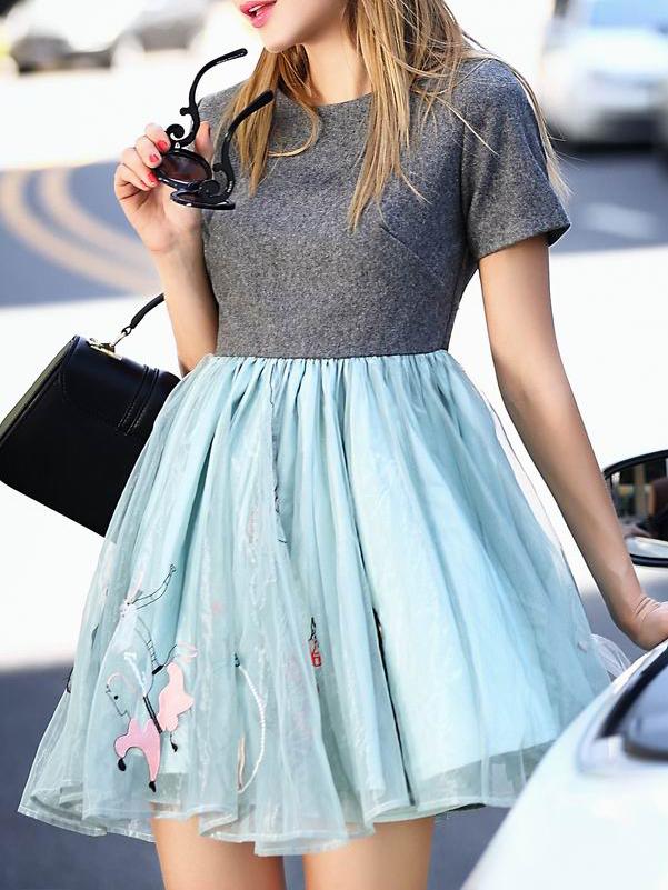 Romwe Blue Gauze Embroidered A-line Combo Dress