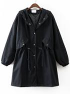 Romwe Black Drawstring Detail Patch Hooded Coat