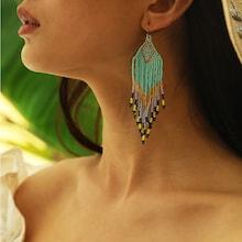 Romwe Color-block Beaded Tassel Drop Earrings 1pair