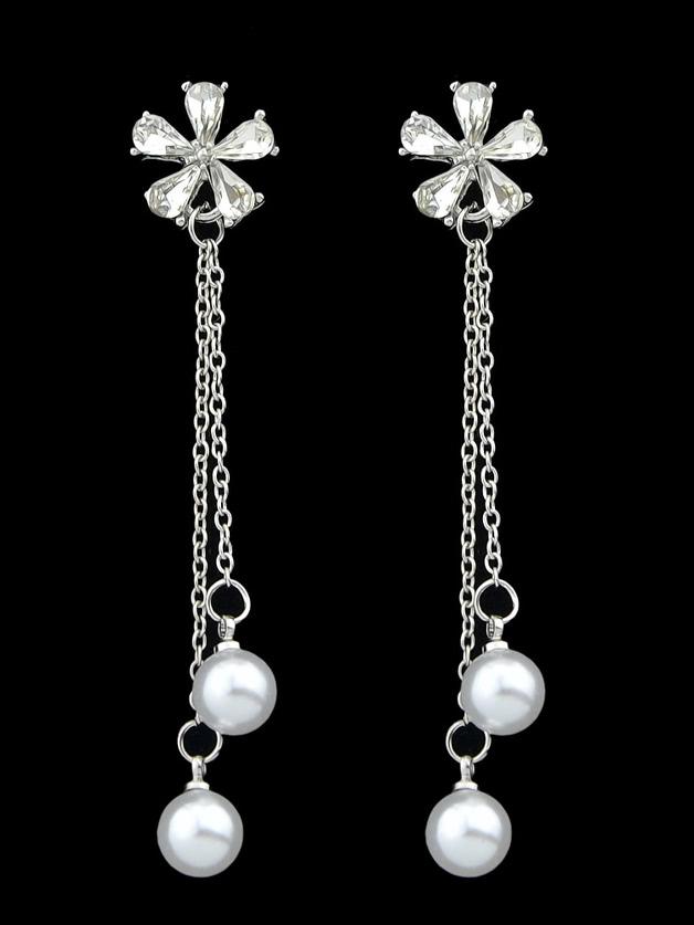 Romwe Flower Pearl Tassel Earrings