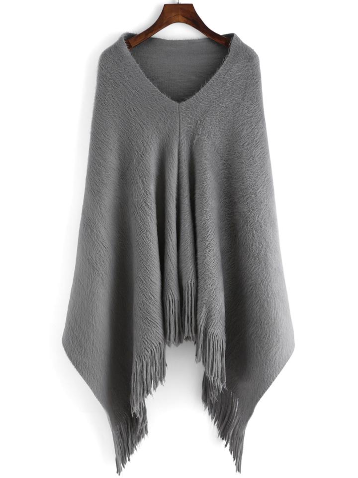 Romwe V Neck Fringe Grey Poncho