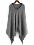 Romwe V Neck Fringe Grey Poncho