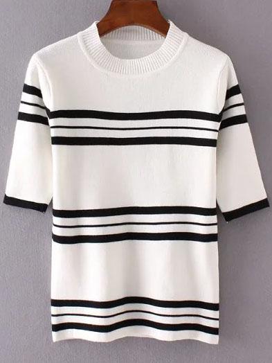 Romwe White Striped Crew Neck Ribbed Trim Knitwear