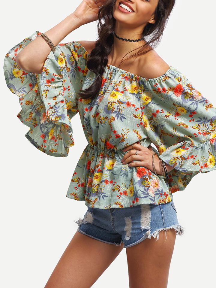 Romwe Off-the-shoulder Flower Print Peplum Blouse