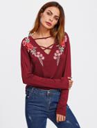 Romwe Rose Embroidered Patch Strappy Neck Tee