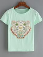 Romwe Tiger Embroidered Green T-shirt