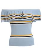 Romwe Ruffled Off-the-shoulder Striped Knit Top