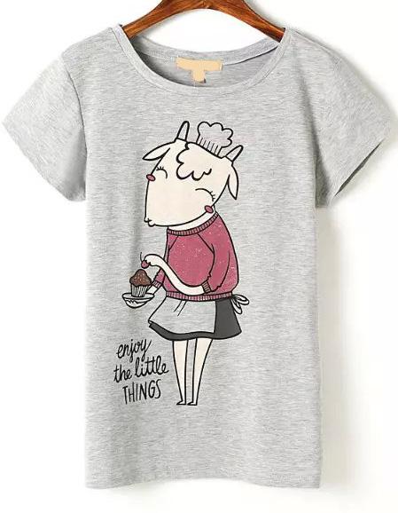Romwe Sheepshead Print Grey T-shirt