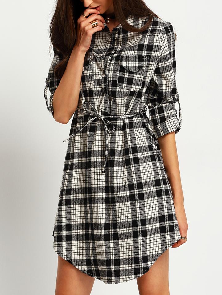 Romwe Plaid Shirt Dress With Drawstring