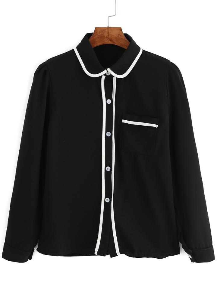 Romwe Contrast Edge Black Blouse With Pocket