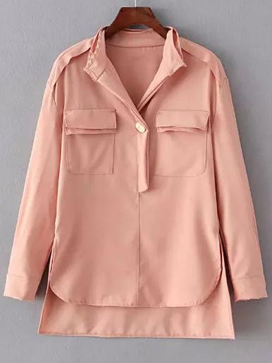 Romwe Dip Hem Split Single Button Pink Blouse With Pockets