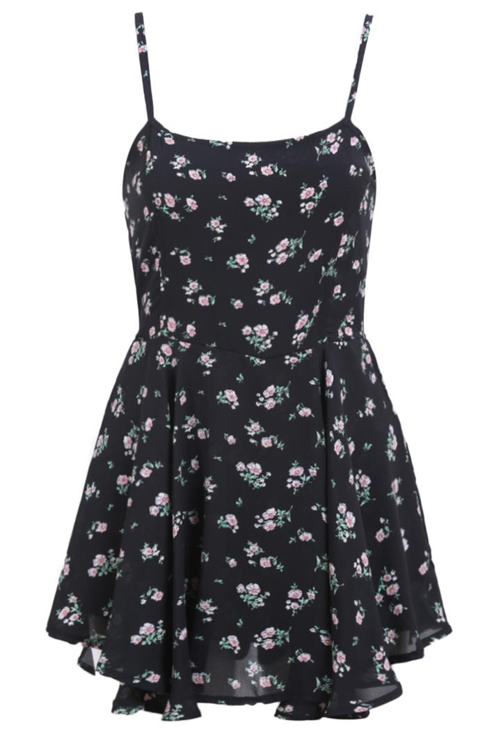 Romwe Spaghetti Strap Pastel Floral Print Pleated Dress