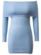 Romwe Blue Ribbed Off The Shoulder Knit Bodycon Dress