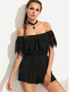 Romwe Black Crochet Trim Off The Shoulder Romper