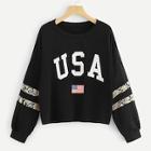 Romwe Contrast Sequin Letter And Flag Print Sweatshirt