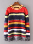 Romwe Block Striped Fuzzy Sweater