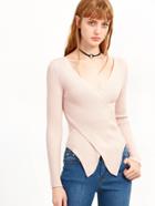 Romwe Pink V Neck Criss Cross Asymmetric Sweater
