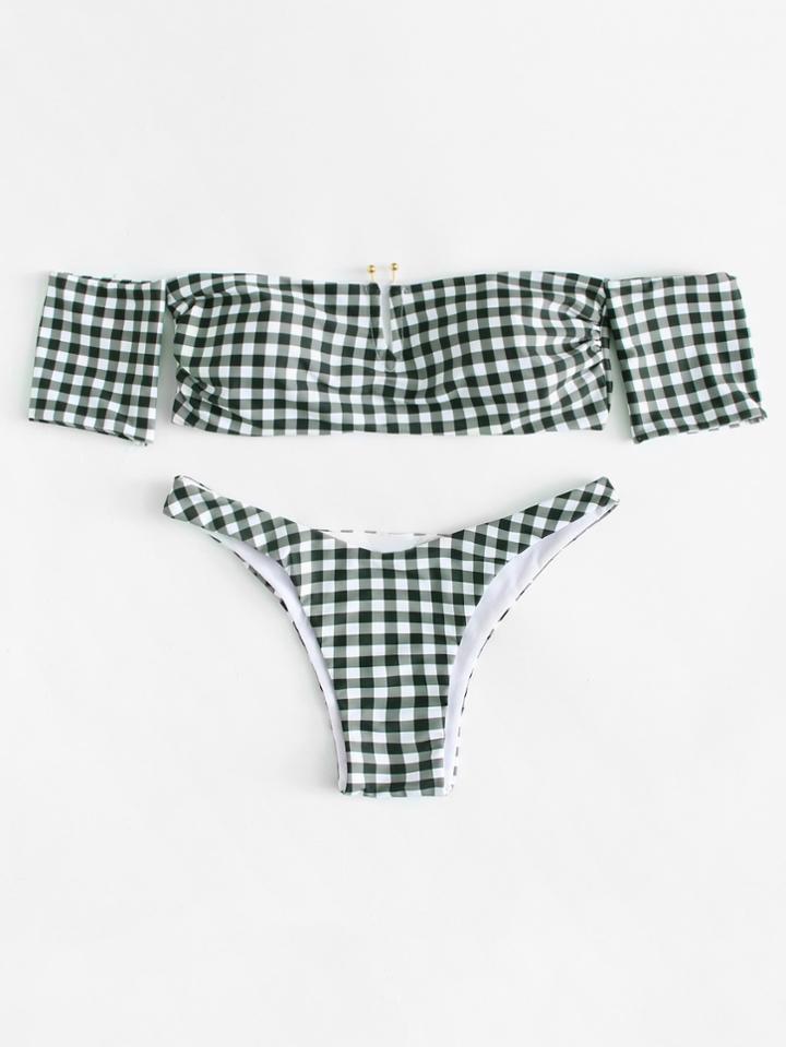 Romwe Off The Shoulder Gingham Bikini Set