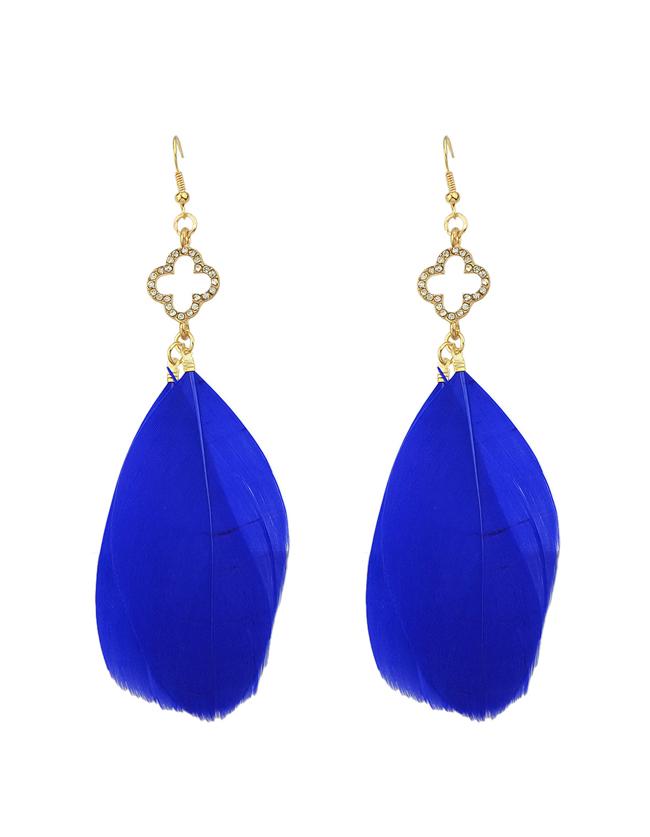 Romwe Daily Wear Long Drop Blue Feather Earrings
