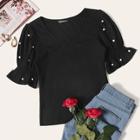 Romwe Pearl Beaded Flutter Sleeve Fitted Tee
