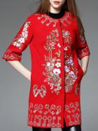 Romwe Red Round Neck Half Sleeve Embroidered Pockets Coat