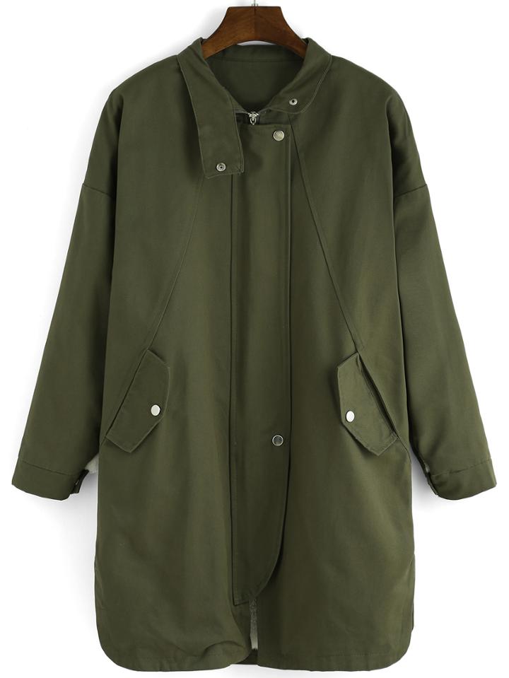 Romwe Stand Collar Zipper Pockets Loose Army Green Coat