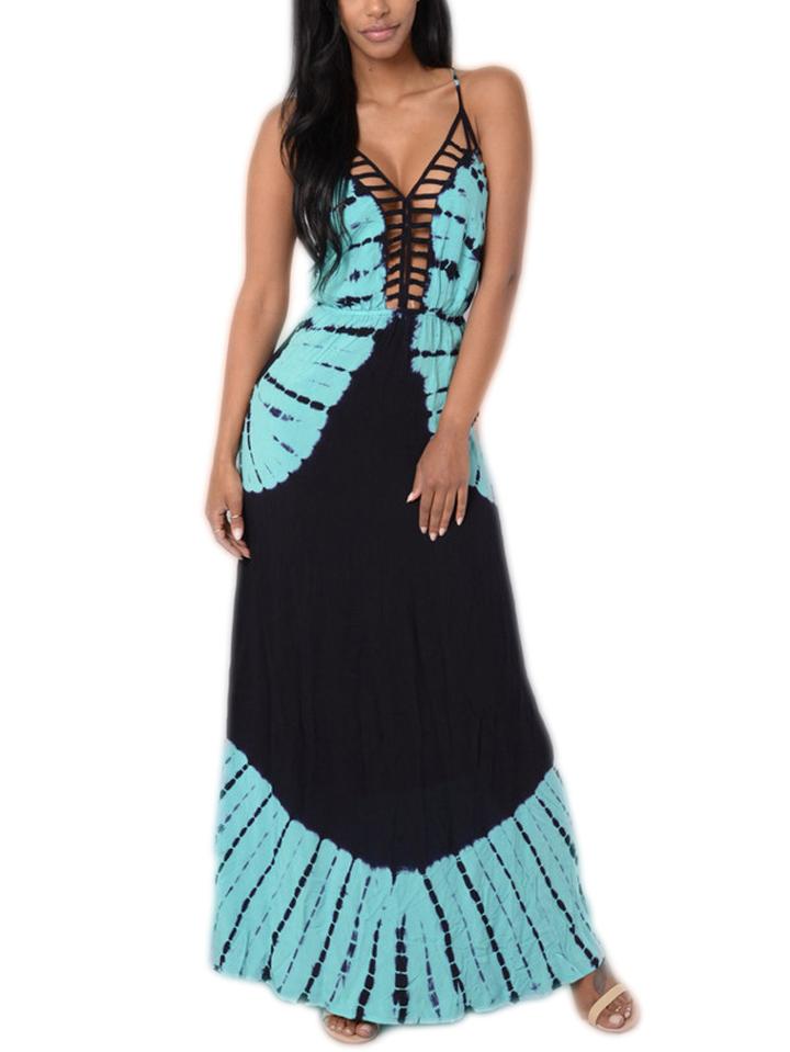 Romwe Contrast Tie Dye Print Ladder Cut Crisscross Cami Dress