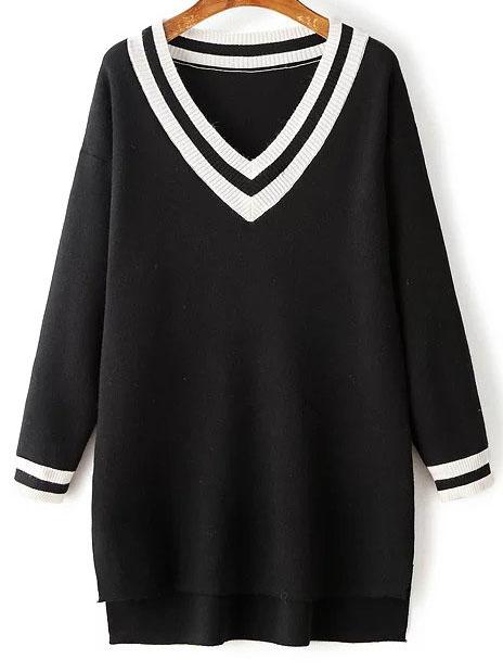 Romwe Black Striped Trim Split Side Knit High Low Dress