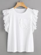 Romwe Lace Trim Chest Pocket Frill Top