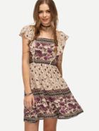 Romwe Multicolor Petal Sleeve Floral Print Dress