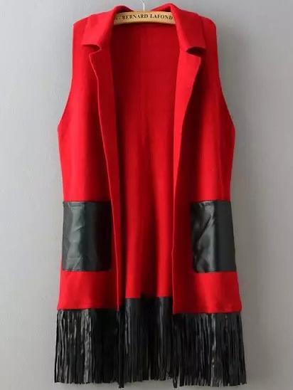 Romwe Contrast Pu Leather Pockets Tassel Red Sweater Vest