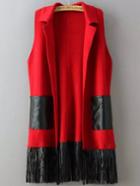 Romwe Contrast Pu Leather Pockets Tassel Red Sweater Vest