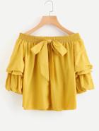 Romwe Bardot Lantern Sleeve Top With Bow