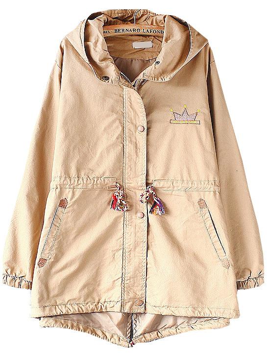 Romwe Khaki Embroidered  Drawstring Hooded Coat