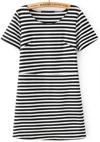Romwe Black White Short Sleeve Striped Pocket Dress