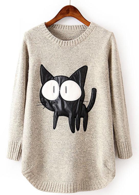 Romwe Contrast Pu Leather Cat Pattern Sweater