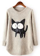 Romwe Contrast Pu Leather Cat Pattern Sweater
