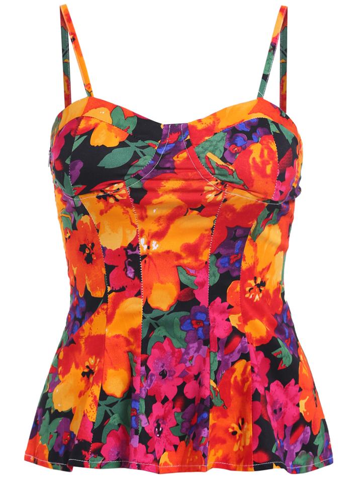 Romwe Spaghetti Strap Floral Crop Cami Top